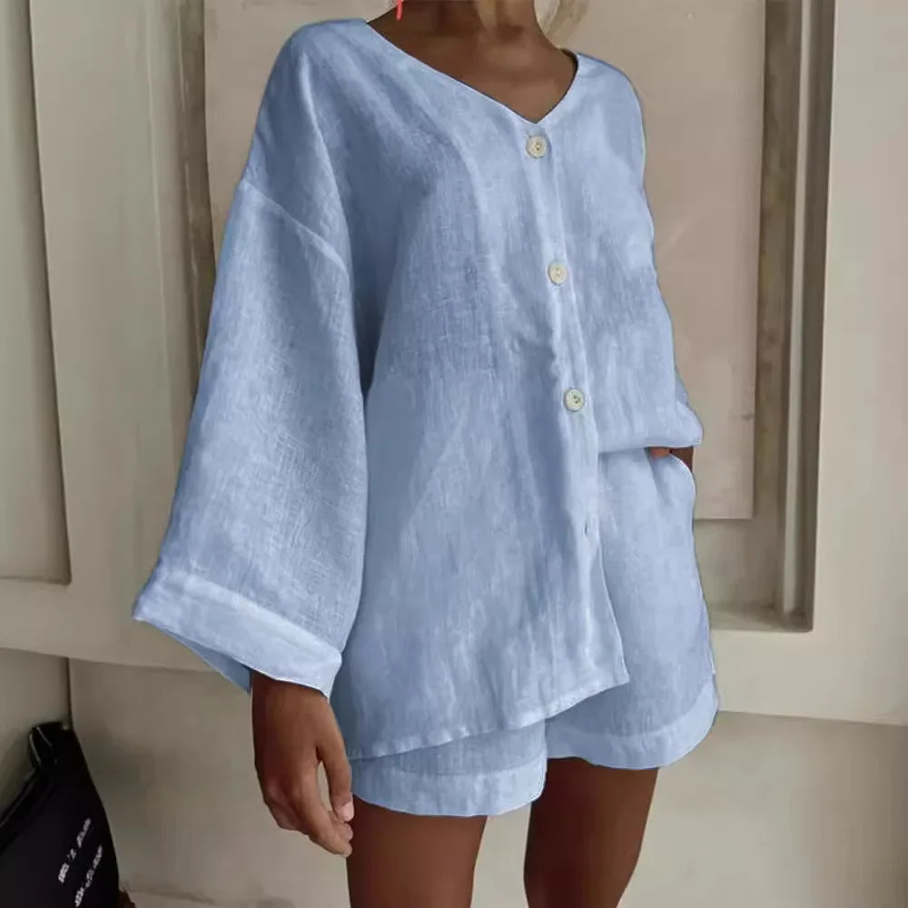 CITSLX 2024 European and American Summer New Women's Fashion Cotton Linen Shirt Shorts Set Women's Casual Two Piece Set