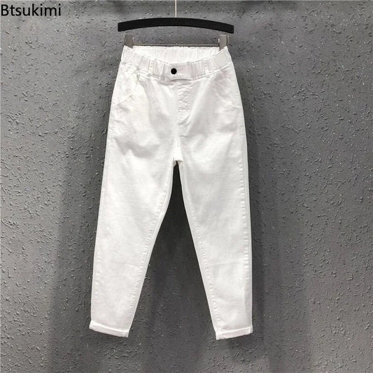 CITSLX 2024 Fashion Summer Women Harem Pants All-matched Casual Cotton Denim Pants Elastic Waist Solid Yellow White Jeans Female 3XL