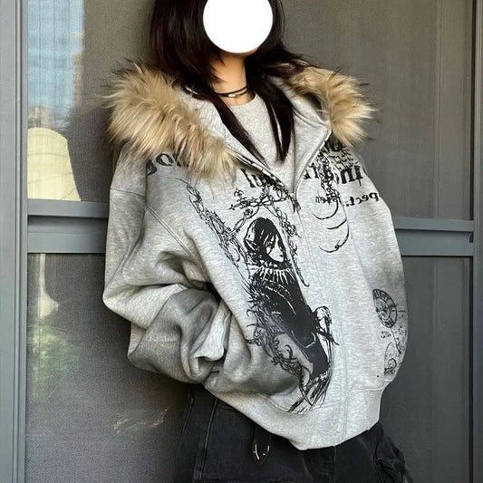 CITSLX 2024 New Autumn and Winter Niche Fashion Element Hoodies Loose Tie Dye Printed Large Fur Collar Thick Coats Harajuku Jackets