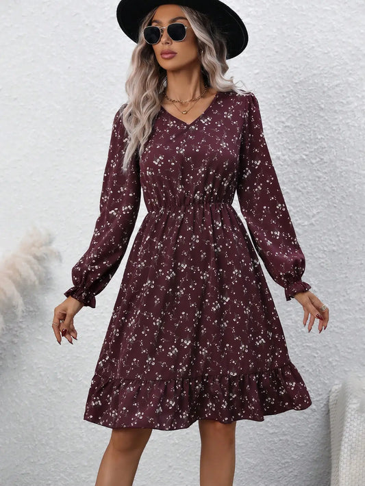 CITSLX 2024 New Design Women's Dress Small V-neck Knee Length Dress Lace Long Sleeves Small Fresh Countryside Style