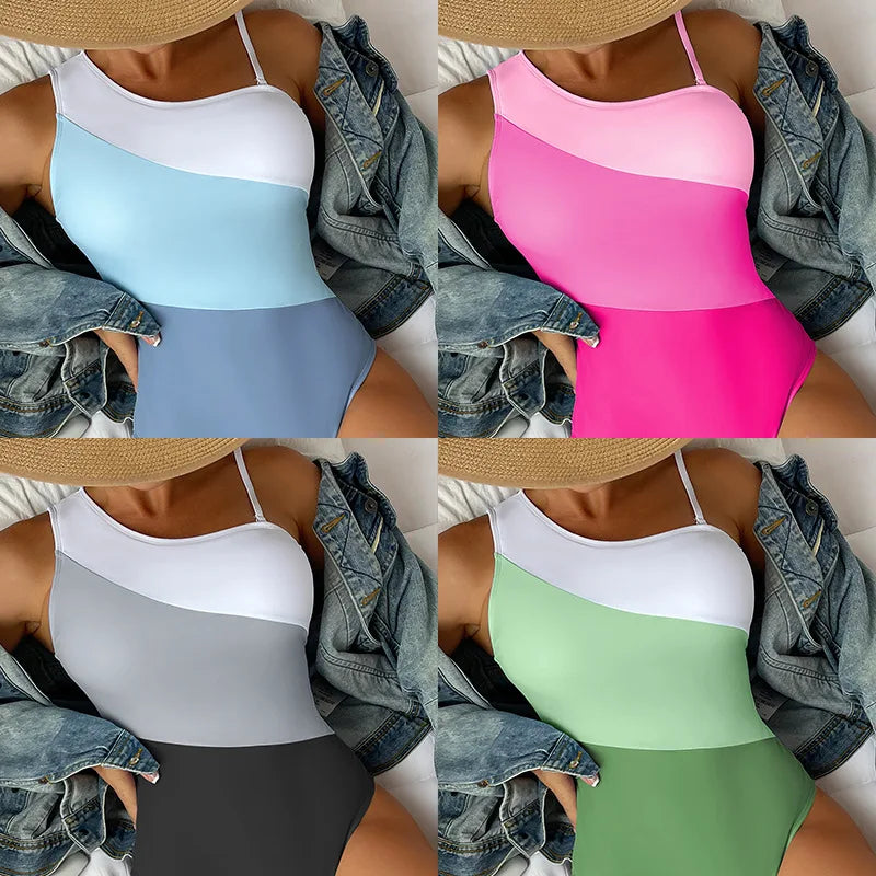 CITSLX 2024 New European and American One-shoulder Color-blocking High-waisted One-piece Bikini Swimwear Women Swimsuit