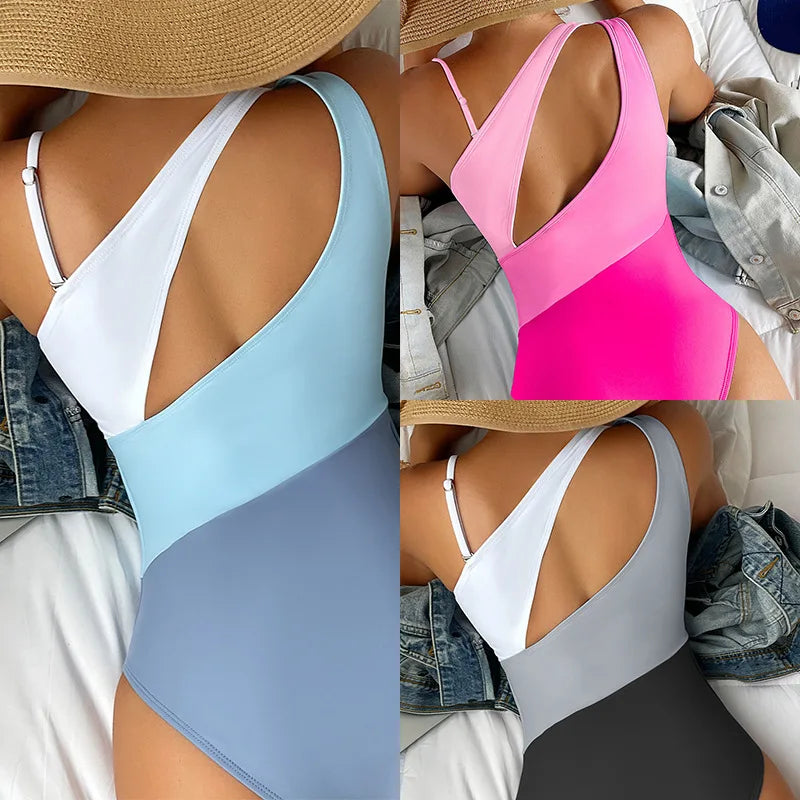 CITSLX 2024 New European and American One-shoulder Color-blocking High-waisted One-piece Bikini Swimwear Women Swimsuit