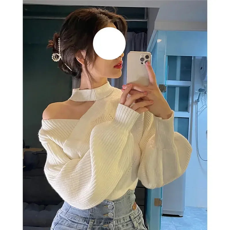 CITSLX 2024 New Halter Neck Off-the-shoulder Cropped Sweater Women's Autumn/winter Outerwear Waist-fitted Korean Knitted Top Sleeve