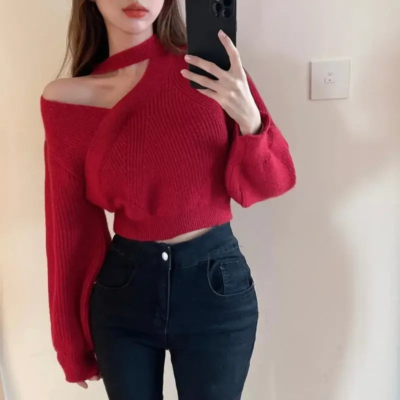 CITSLX 2024 New Halter Neck Off-the-shoulder Cropped Sweater Women's Autumn/winter Outerwear Waist-fitted Korean Knitted Top Sleeve