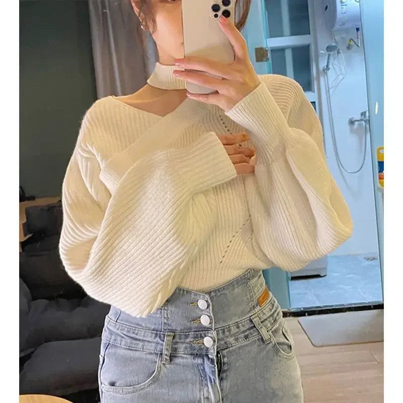 CITSLX 2024 New Halter Neck Off-the-shoulder Cropped Sweater Women's Autumn/winter Outerwear Waist-fitted Korean Knitted Top Sleeve