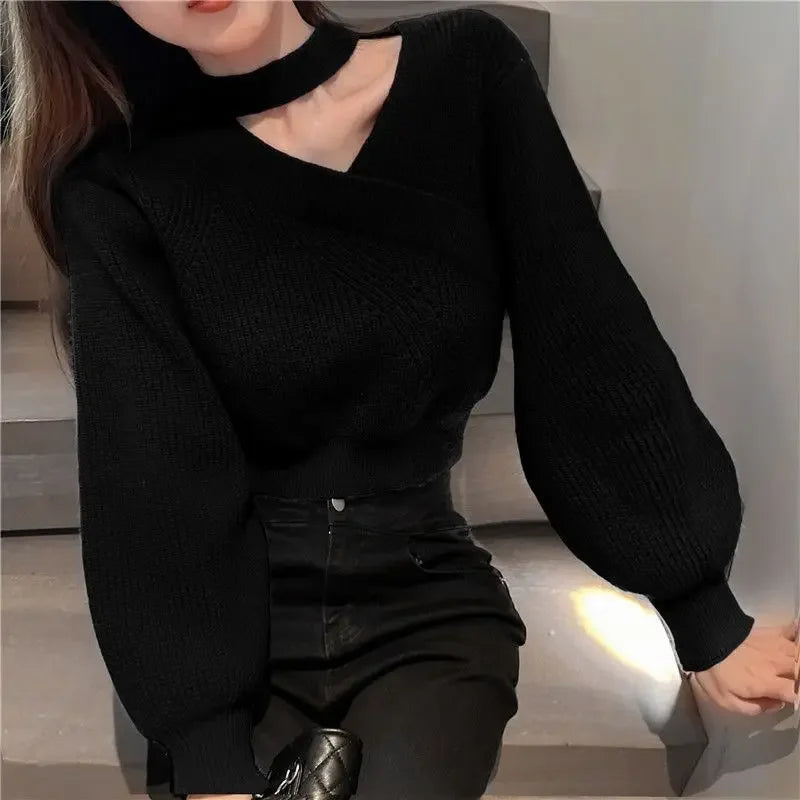 CITSLX 2024 New Halter Neck Off-the-shoulder Cropped Sweater Women's Autumn/winter Outerwear Waist-fitted Korean Knitted Top Sleeve