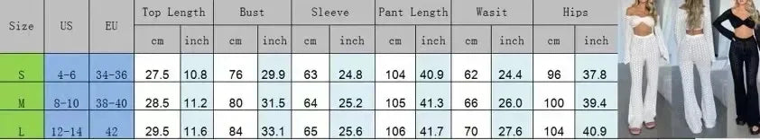 HAIPURUN2024 New Hollow Out Crochet Knit Pants Set Women Casual Two-Piece Outfit See Through Long Sleeve Crop Tops+High Waist Long Pants