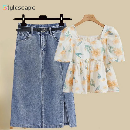 CITSLX 2024 New Summer Outfit Women's Short Sleeved Top, Women's Body Covering and Slimming Denim Skirt Two Piece Set for Woman