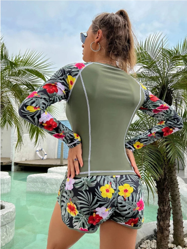 CITSLX 2024 New Tankini Women Swimsuit Tropical Print Bikini Set Long Sleeve Swimwear Summer Shorts Beachwear Female Bathing Suit