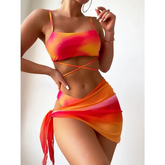 CITSLX 2024 New Women Tie Dyed Split Bikini Sexy Hip Lifting Mesh Gradient Beach Three Piece Set Cross Swimwear Girl