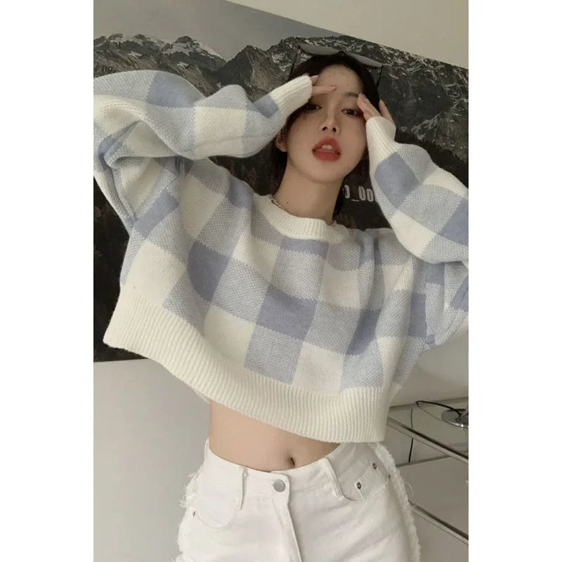 CITSLX 2024 New Women's Plaid Sweater Loose Fit Color Blocking Cropped Top Sensible Niche Knitted Base Layer Spring Autumn