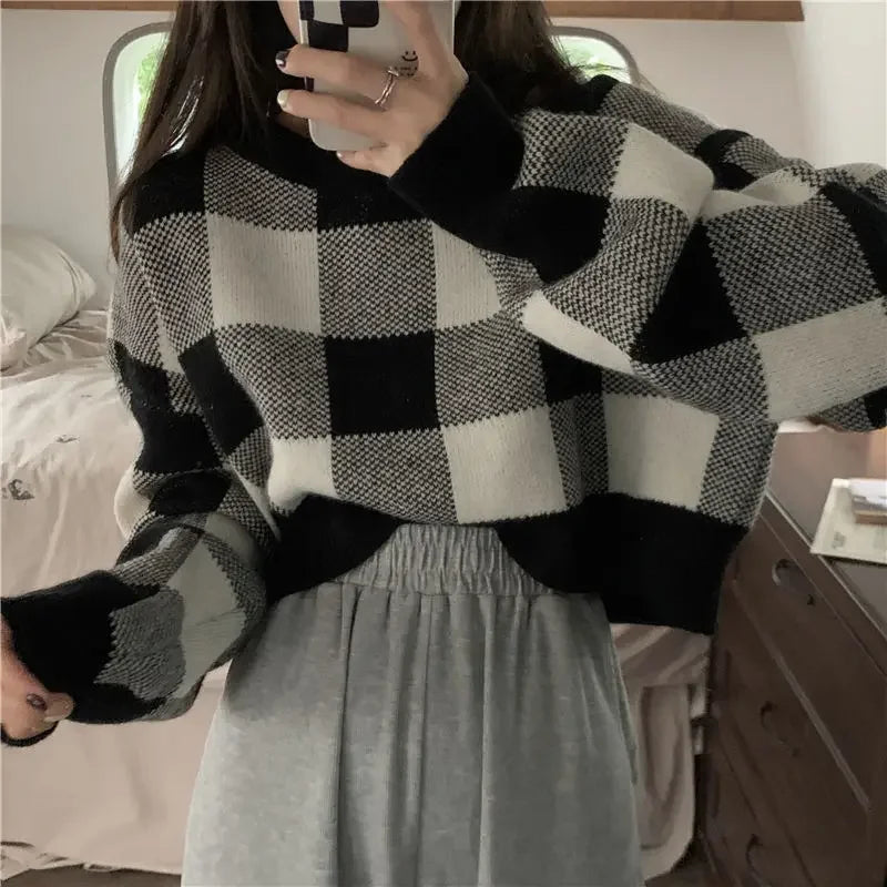 CITSLX 2024 New Women's Plaid Sweater Loose Fit Color Blocking Cropped Top Sensible Niche Knitted Base Layer Spring Autumn