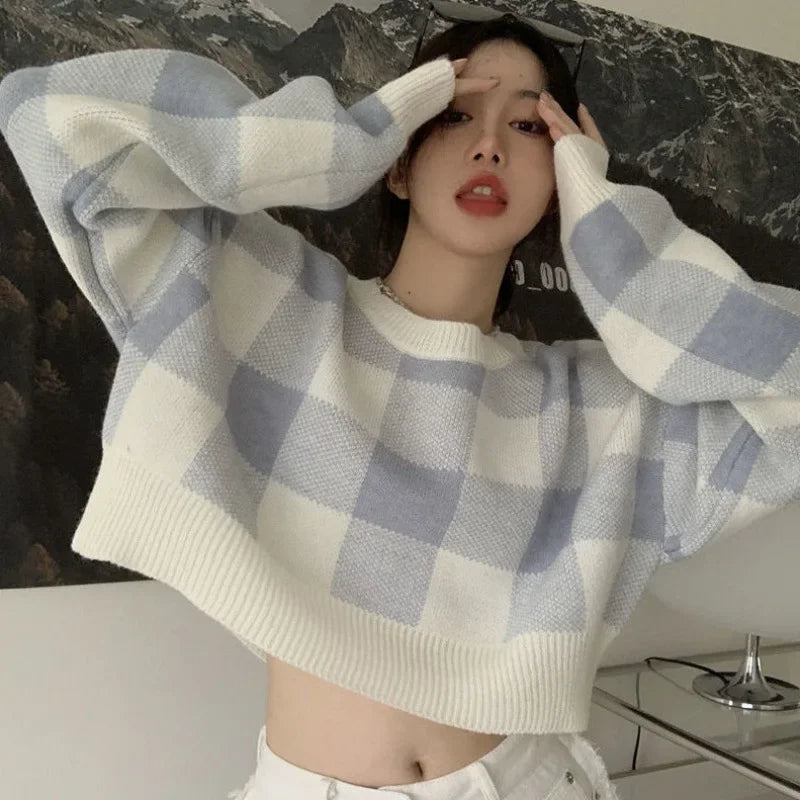 CITSLX 2024 New Women's Plaid Sweater Loose Fit Color Blocking Cropped Top Sensible Niche Knitted Base Layer Spring Autumn