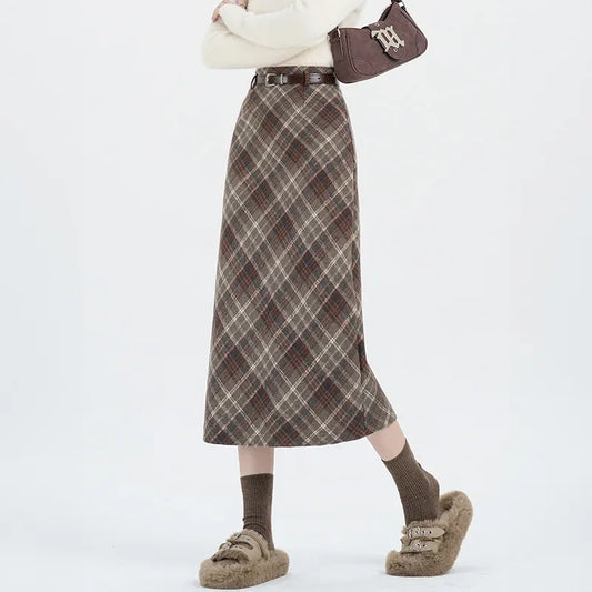 CITSLX 2025 New Women's Plaid Wool Skirt High-waisted A- line Side Slit Fashionable Korean Style Winter Dress