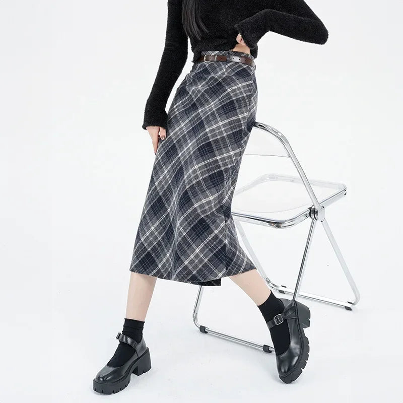 CITSLX 2025 New Women's Plaid Wool Skirt High-waisted A- line Side Slit Fashionable Korean Style Winter Dress