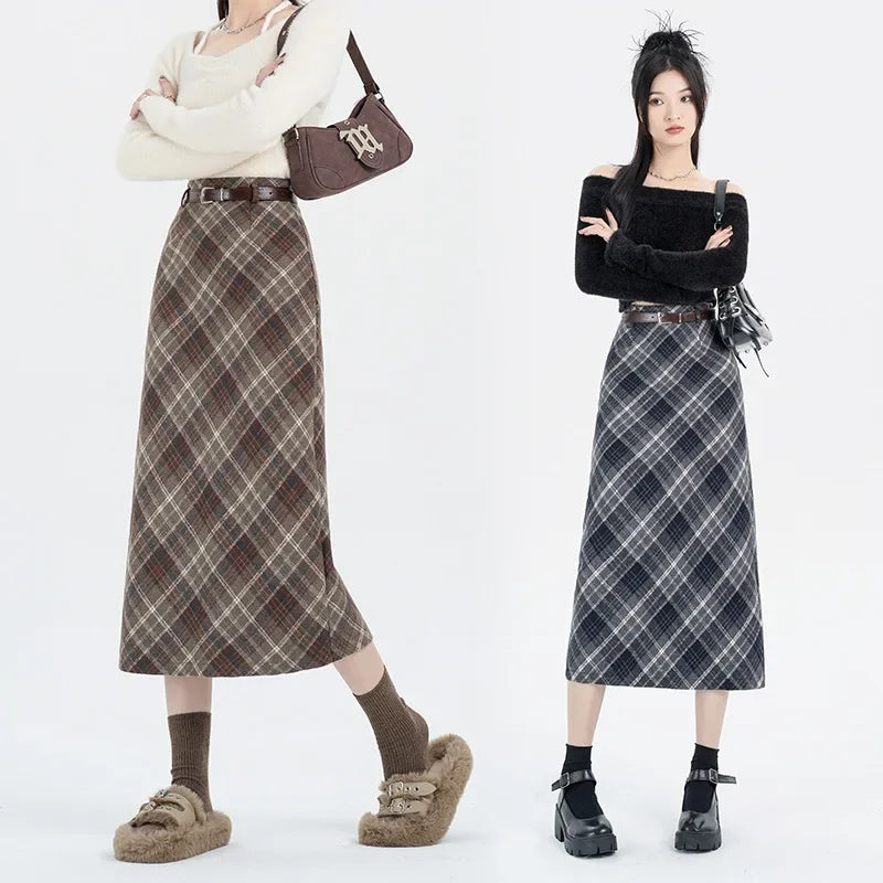 CITSLX 2025 New Women's Plaid Wool Skirt High-waisted A- line Side Slit Fashionable Korean Style Winter Dress