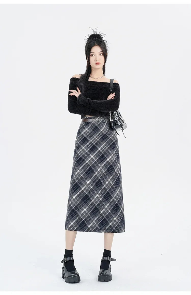 CITSLX 2025 New Women's Plaid Wool Skirt High-waisted A- line Side Slit Fashionable Korean Style Winter Dress