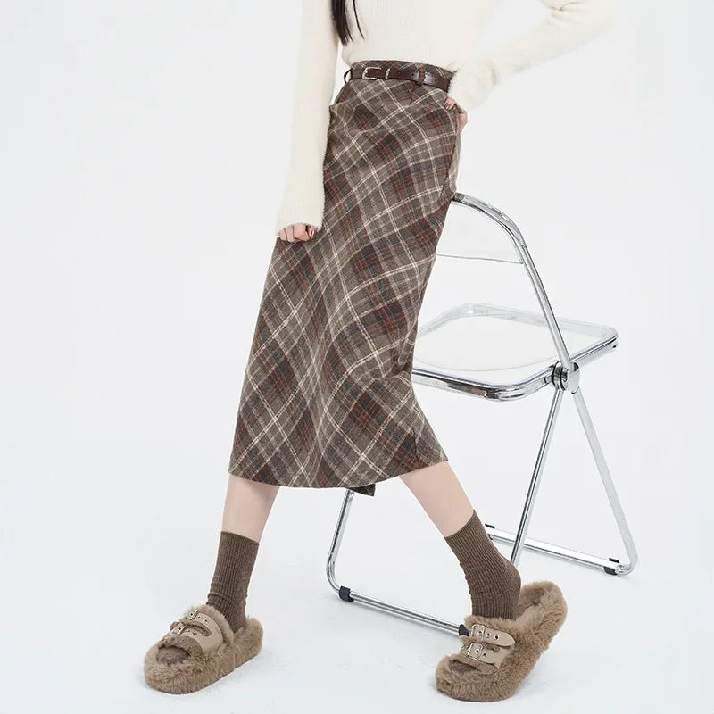 CITSLX 2025 New Women's Plaid Wool Skirt High-waisted A- line Side Slit Fashionable Korean Style Winter Dress