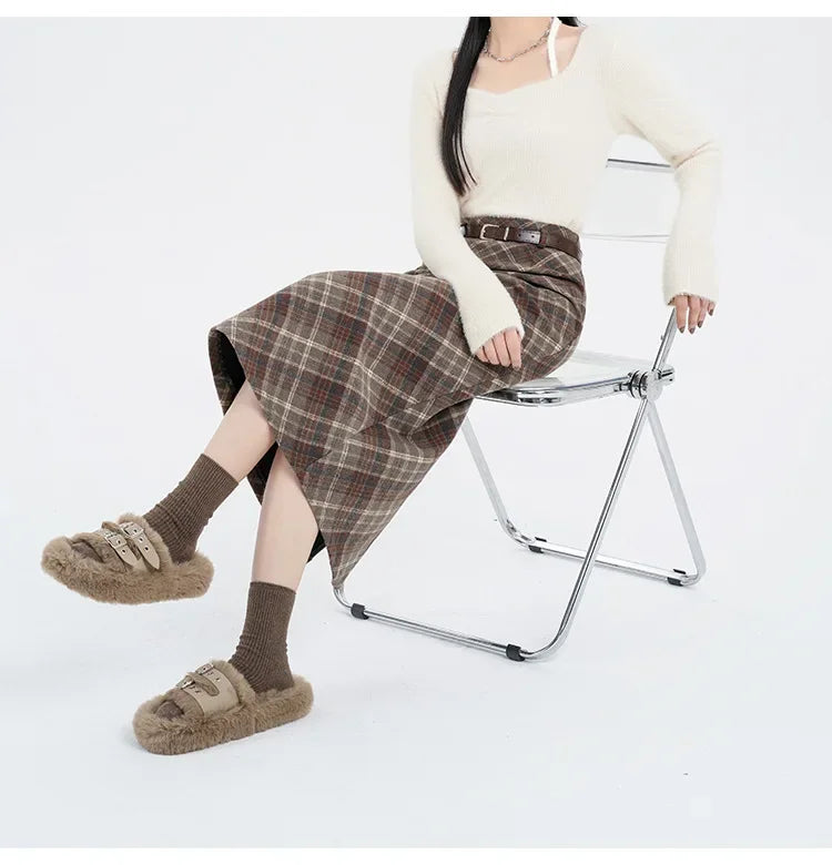 CITSLX 2025 New Women's Plaid Wool Skirt High-waisted A- line Side Slit Fashionable Korean Style Winter Dress