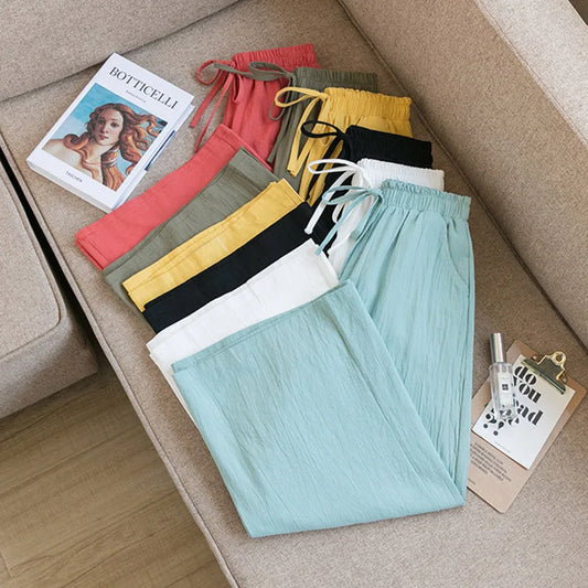 CITSLX 2024 New women Pants Wide Leg Elastic Waist Cotton Loose style Female Trousers Spring Summer Women Calf-Length Pants