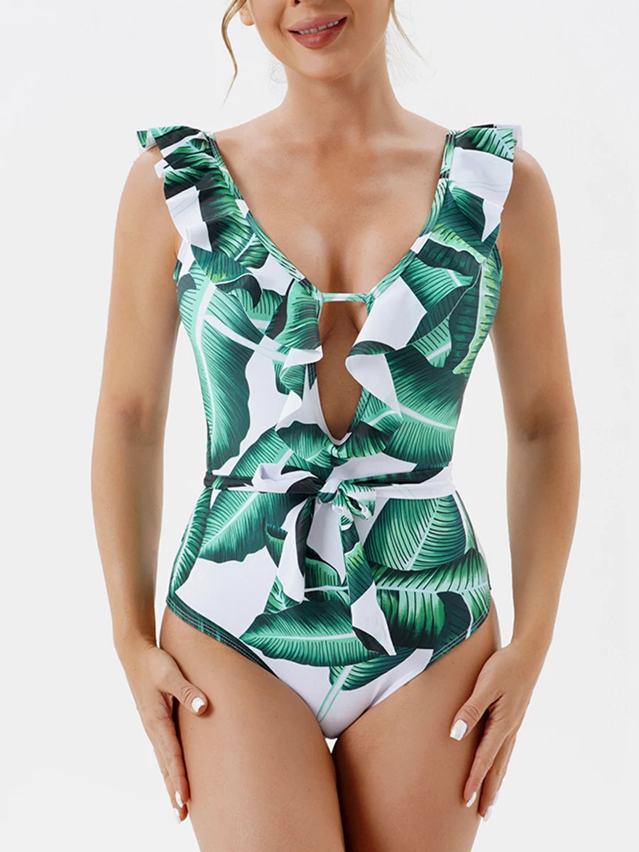 CITSLX 2024 Print Ruffle Swimsuit Women One Piece Hollow Out Sexy Swimwear Female Backless Beachwear Bathers Bathing Swimming Swim Suit