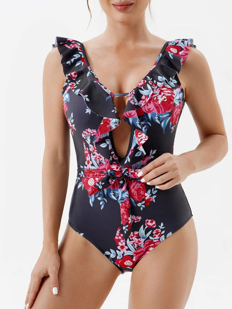 CITSLX 2024 Print Ruffle Swimsuit Women One Piece Hollow Out Sexy Swimwear Female Backless Beachwear Bathers Bathing Swimming Swim Suit