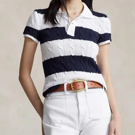 CITSLX 2024 RL Summer Women's 100% Cotton Pony Short Sleeve Embroidered Polo Shirt Women's Striped Knit Sweater Pullover Top