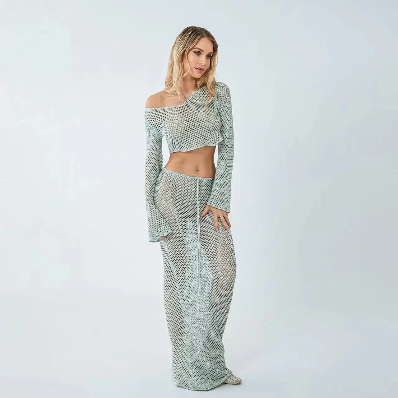 CITSLX 2024 Sexy Women Y2k Hollow Out Maxi Skirt Set Crochet Long Sleeve Tie Up Crop Top Bodycon Knitted Long Skirt 2 Piece Suits Solid