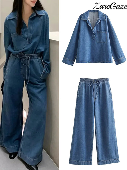 CITSLX 2024 Spring Casual Denim Top Pants Sets Women Long Sleeve Turndown Collar Pullover Wide Leg Pant Female Suit Summer Lady Outfits