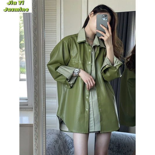 CITSLX 2024 Spring/Summer Fashionable Style Avocado Green Long Sleeved Shirt Women's Thin Loose Solid PU Coat Shirt