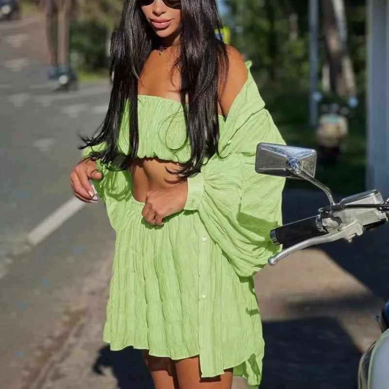 CITSLX 2024 Summer Casual Loose Green 3 Piece Sets Women Outfit Fashion Long Sleeve Top + Tube Top Matching High Waist Shorts Set New