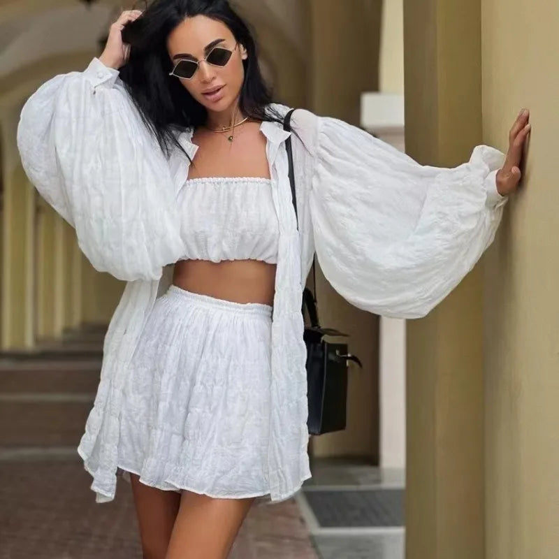 CITSLX 2024 Summer Casual Loose Green 3 Piece Sets Women Outfit Fashion Long Sleeve Top + Tube Top Matching High Waist Shorts Set New