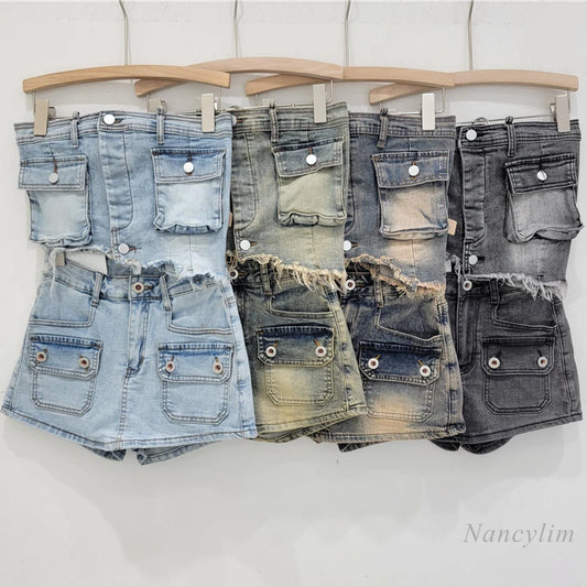 CITSLX 2024 Summer New All-Matching Work Clothes Pocket Denim A- Line Skirt Irregular Stretch Denim Tube Top Hot Girl Denimwear