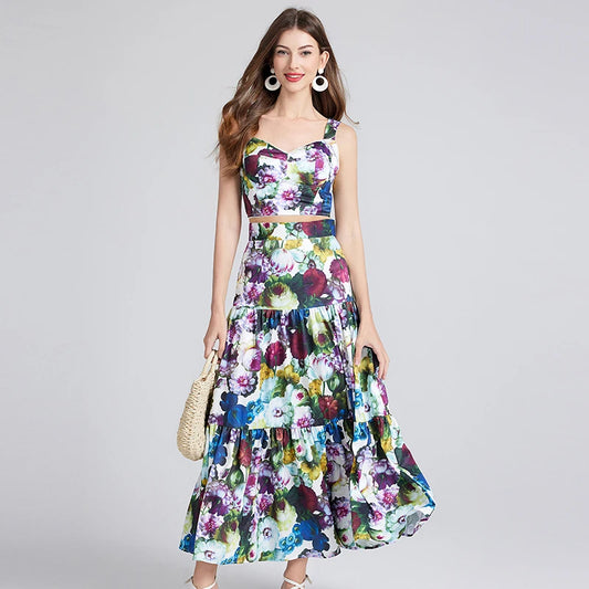 CITSLX 2024 Summer Runway Spaghetti Strap Crop Top and Long Skirt 2 Piece Set Floral Print Long Dress Sets Sexy Holiday Party Outfit