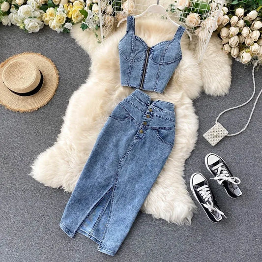 CITSLX 2024 Summer Women Skirt Two Piece Set Sexy V-Neck Ctopped Denim Vest High Waist Denim Skirts Korean Ladies Sleeveless Suits