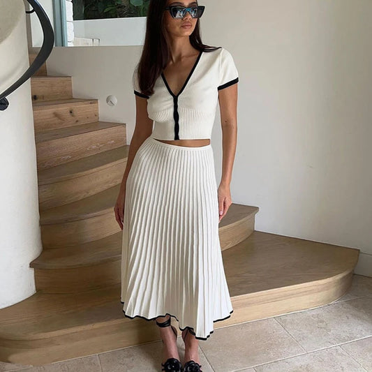 CITSLX 2024 Summer Women White long Skirt Suit Short Sleeve V-neck crop top pleated set elegant dress 2 piece skirt set Plus Size S-3XL