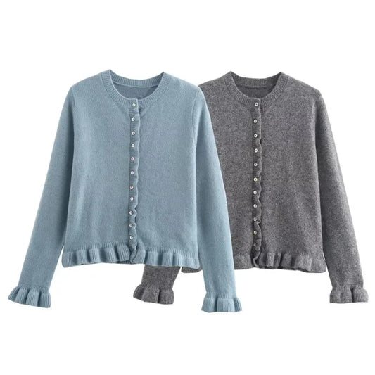 CITSLX 2025 Woman Ruffled Crop Cardigan Autumn Blue Grey Knitwear Women's Sweater Ruched Long Sleeve Outwear Korean Style Cardigan