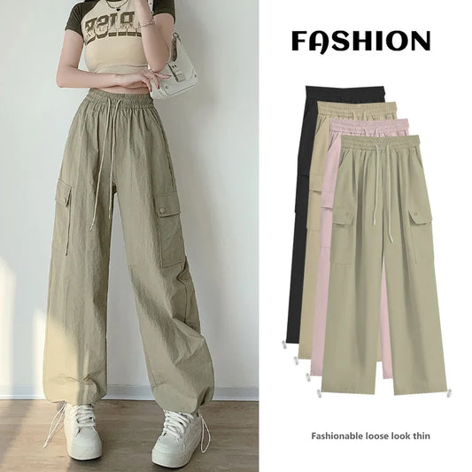 CITSLX 2024 Women Cargo Pants Casual Big pocket Wide leg Long Pants Elastic waist Sports outside street trousers for girls