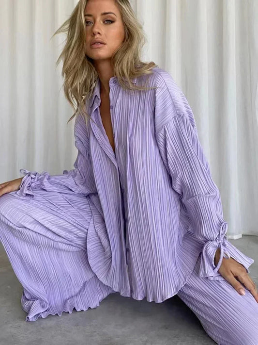 CITSLX 2024 Women Pleated 2 Piece Sets Long Sleeve Blouse Tops And Split Wide Leg Pant Suit Female Fashion Casual Loose Homewear Outfit