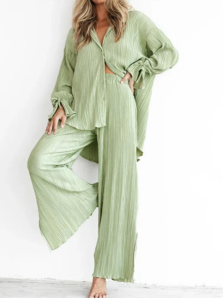 CITSLX 2024 Women Pleated 2 Piece Sets Long Sleeve Blouse Tops And Split Wide Leg Pant Suit Female Fashion Casual Loose Homewear Outfit