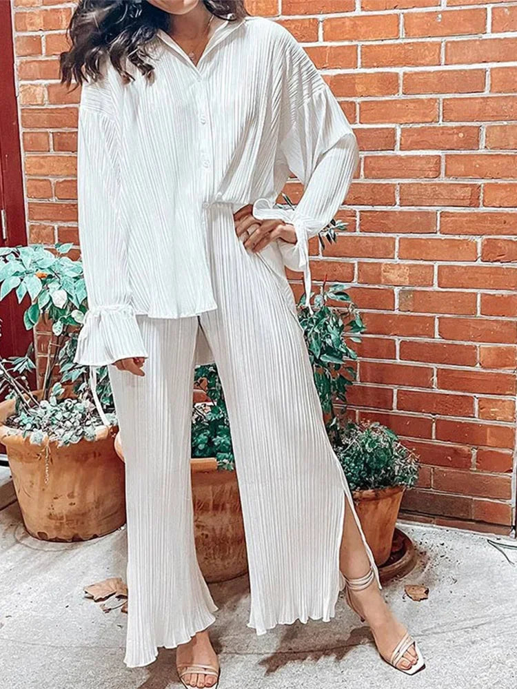 CITSLX 2024 Women Pleated 2 Piece Sets Long Sleeve Blouse Tops And Split Wide Leg Pant Suit Female Fashion Casual Loose Homewear Outfit