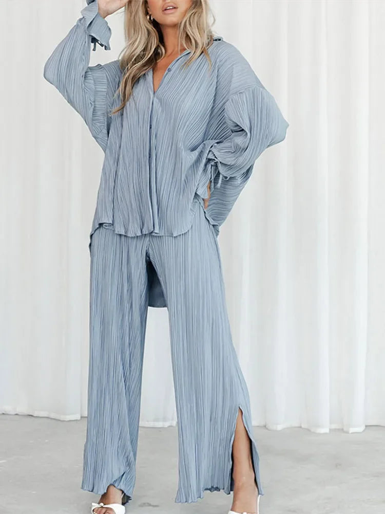 CITSLX 2024 Women Pleated 2 Piece Sets Long Sleeve Blouse Tops And Split Wide Leg Pant Suit Female Fashion Casual Loose Homewear Outfit