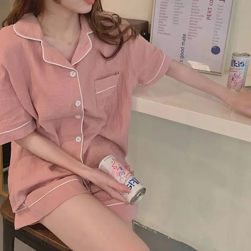 CITSLX 2024 Women's Pajamas New Summer Short Sleeve Soft Sleepwear Set Grid Cartoon Printed Pyjama Woman Home Nightwear Set Cardigan