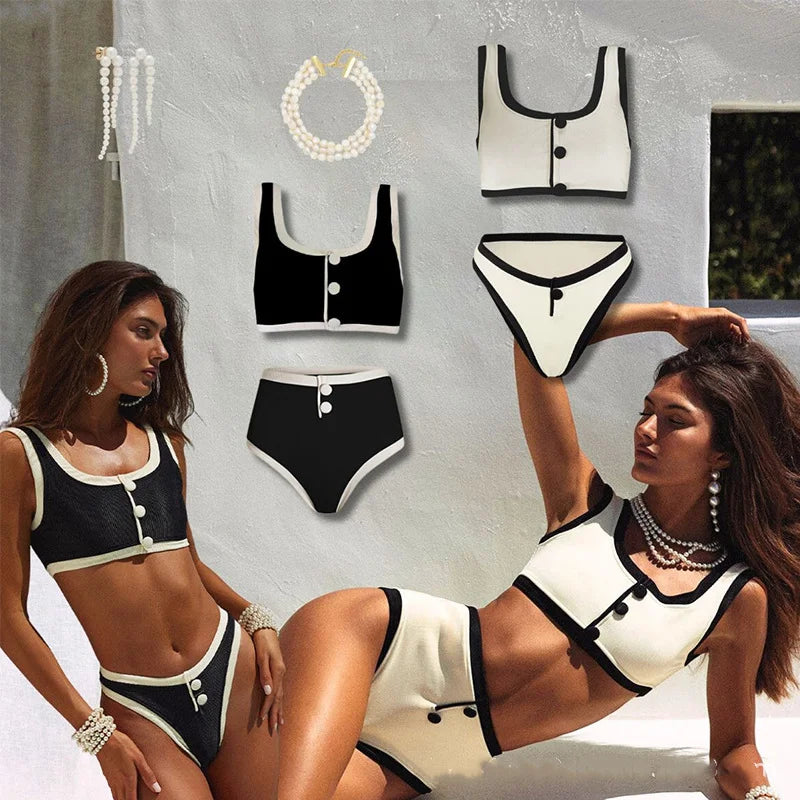 CITSLX 2024 new European and American black and white simple ins wind high sense split swimsuit female small fragrance wind than base.