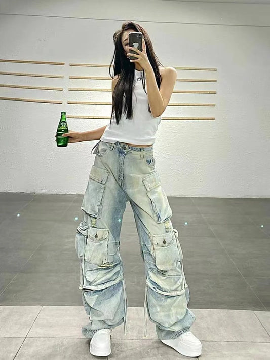 CITSLX 2024 new heavy industry multi-pocket American washing overalls female Y2K punk high waist loose oversized straight couple jeans