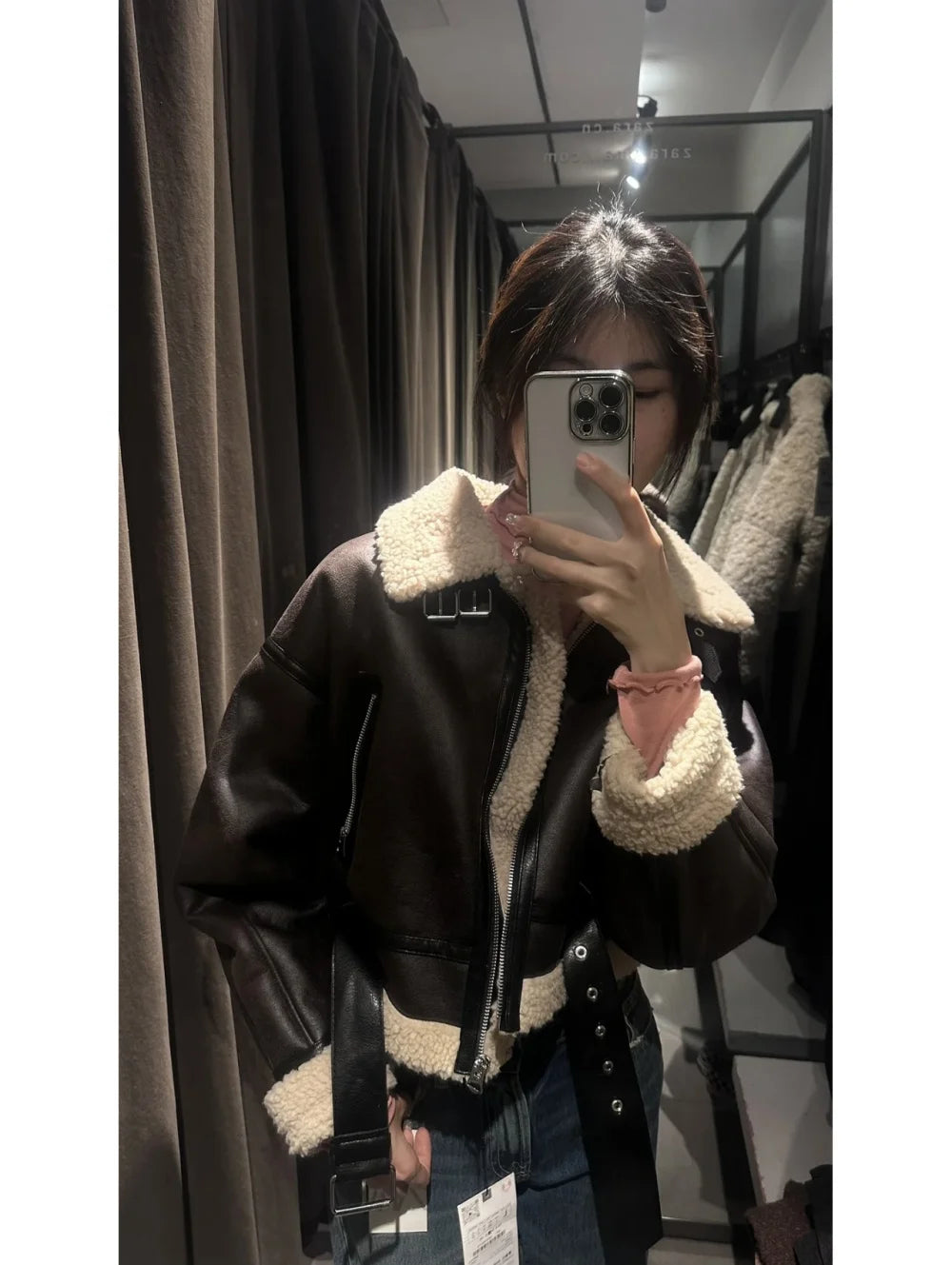 CITSLX 2024 traf Winter Women's street wear faux sheepskin fur bomber jacket with belt motorcycle thick warm sheepskin overcoat jacket