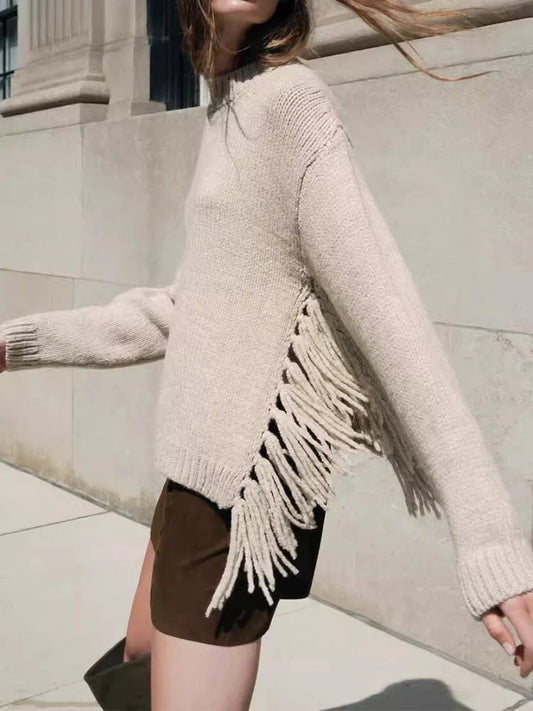 CITSLX 2025 women's autumn and winter new casual niche striped tassel decoration long-sleeved round neck knitted sweater