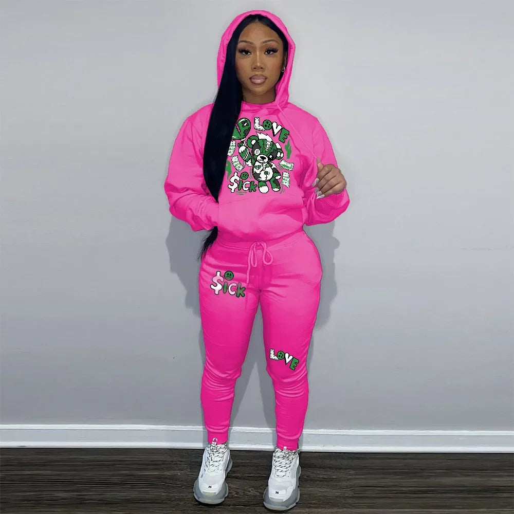 CITSLX 2024Sold Hoodies Set Fashion 2 Piece Set Cartoon Print Hooded Sweatshirt And Sweatpants Long Pants Set Sporty Outfit Tracksuit