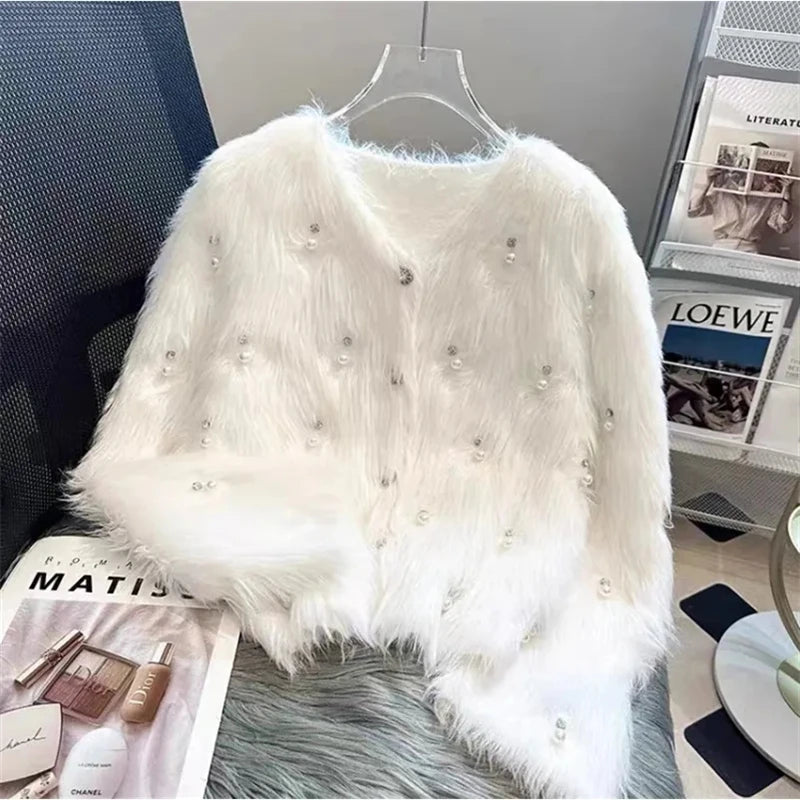 CITSLX 2025 Autumn And Winter heavy industry Women Knitted Cardigan Sweater Coat Imitation mink fur comfortable Female Sweater Jacket