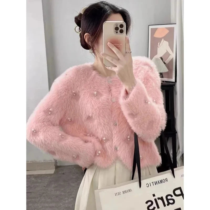 CITSLX 2025 Autumn And Winter heavy industry Women Knitted Cardigan Sweater Coat Imitation mink fur comfortable Female Sweater Jacket